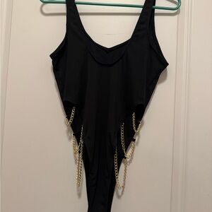 Black Bodysuit with Gold Chain Accents